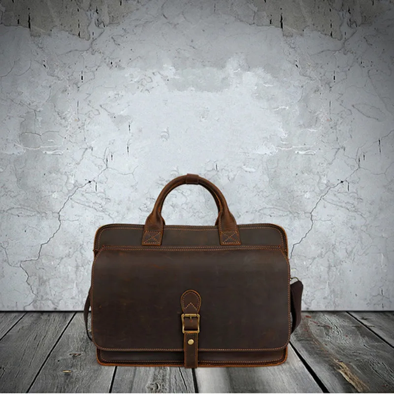 Retro fashion high quality Crazy Horse leather men's portable briefcase designer work business laptop shoulder messenger bag
