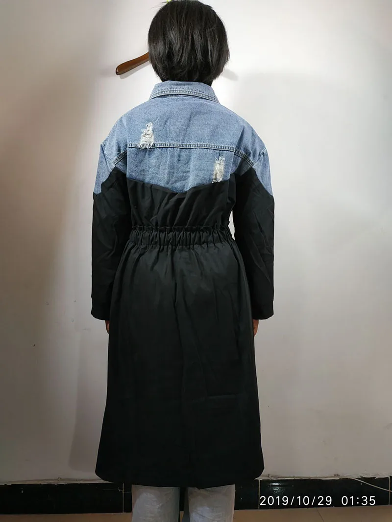 4XL Осенняя Новая модная длинная джинсовая куртка-ветровка с дырками