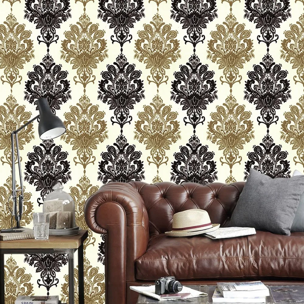 

Черные Дамасские обои самоклеящиеся для спальни Европейский большой цветок роскошная атмосфера Гостиная ТВ фон обои