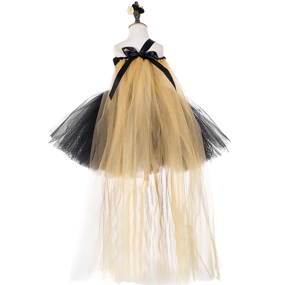 Платье-пачка с лепестками черного и золотого цветов вечернее пышное свадебное