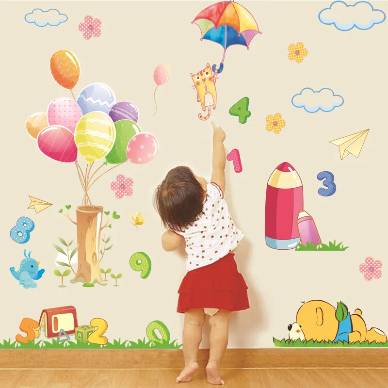 

Colorful balloon Cute bear flying cat clouds numbers wall stickers nursery Girls room bedroom wall decor Mural removable decals