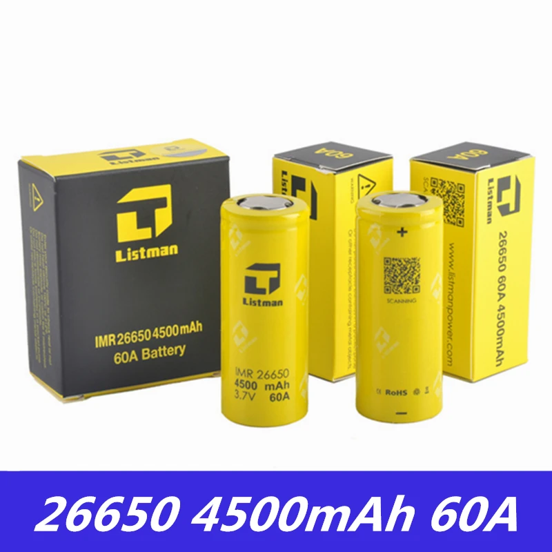 

Original Listman 26650 Battery 3.7V 60A 4500mAh Rechargeable Lithium Battery For Electronic Cigarette Box Mod 26650 Vape Battery