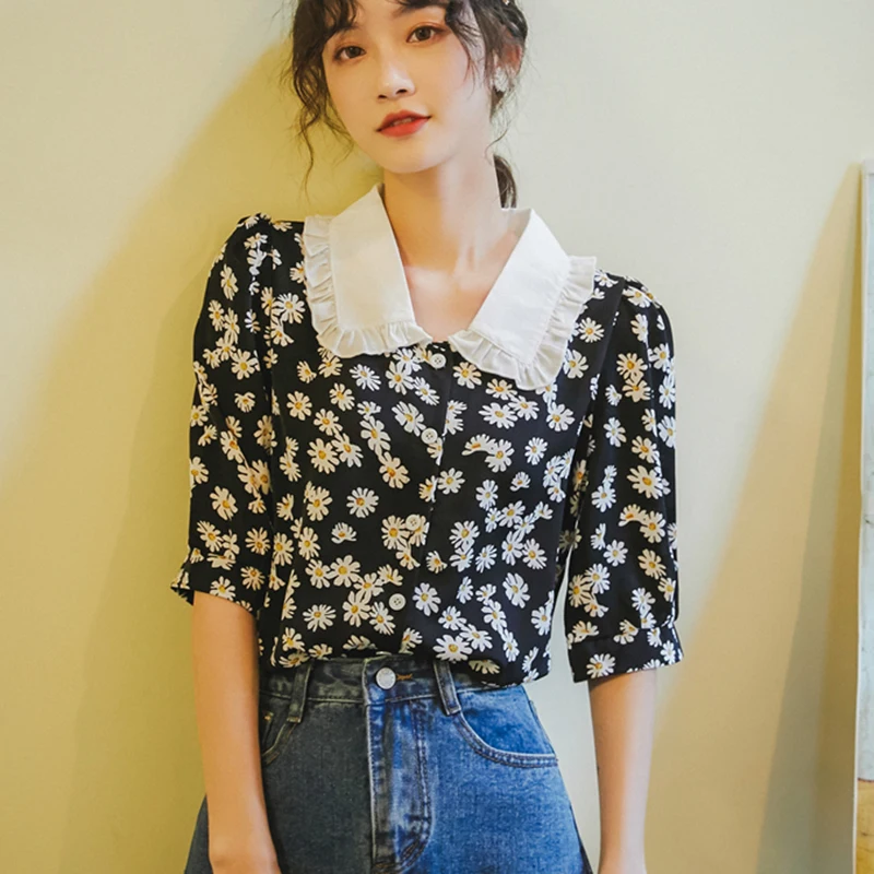 

Camisas De Mujer 2021 Summer Little Daisy Print Women Blouse Retro Peter Pan Collar Half Sleeve Blouses Shirts Casual Top Femme