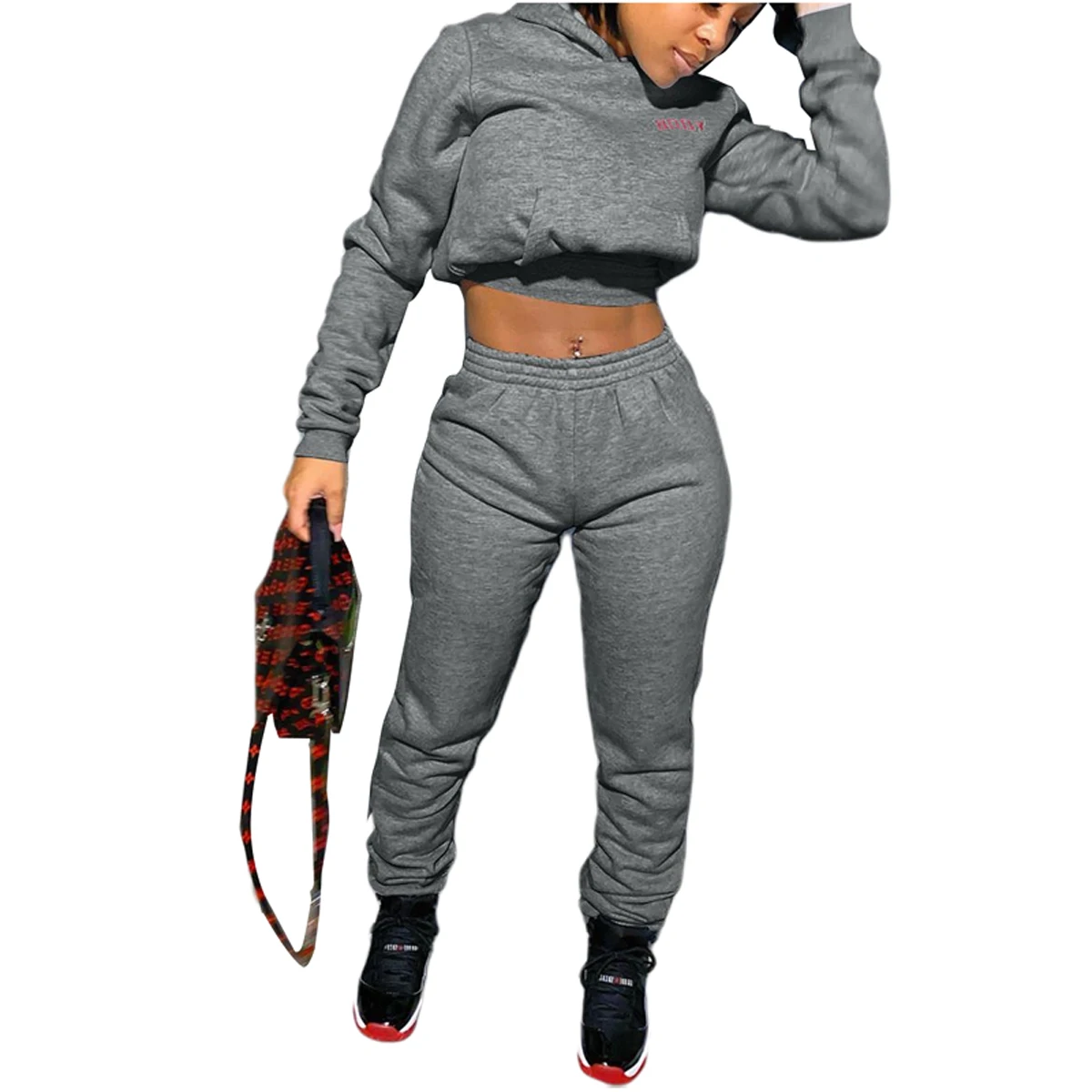 

2 Pcs Women Letter Outfits, Autumn and Winter Long Sleeve Front Pocket Hooded Crop Top + Trousers