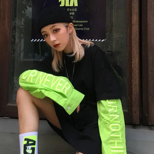 Черный Лоскутная Вышивка буквы сплошной контрастный с длинным рукавом Harajuku корейский свитер толстовки оранжевый свободный уличная Топ пуловер - Цвет: Черный