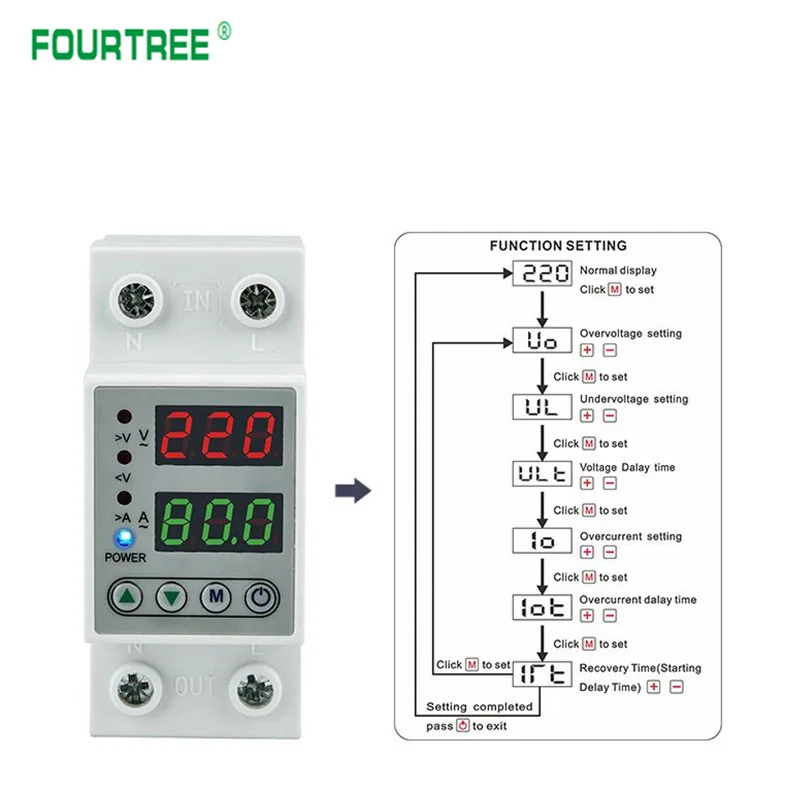 Цифровой Регулируемый протектор перенапряжения и пониженного напряжения 40 А 63