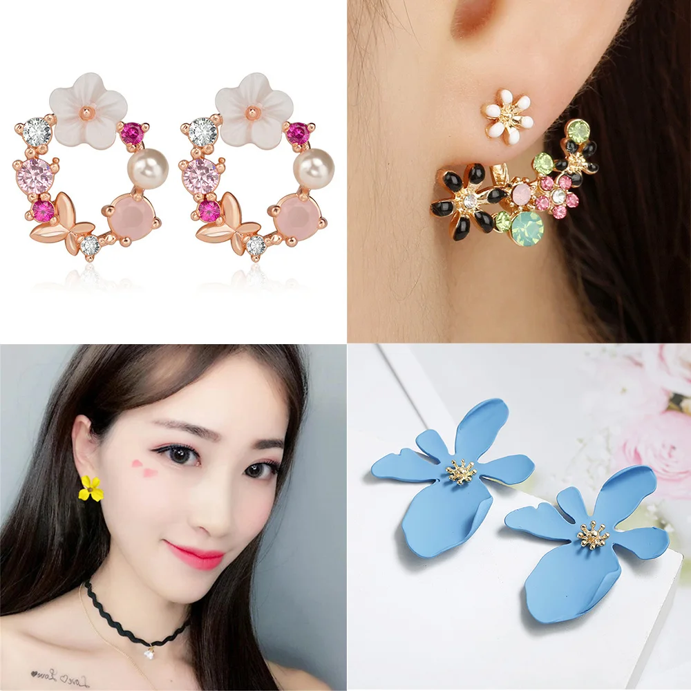 Trendy Cute Pink Flower Earrings For Women Girls Jewelry Female Rhinestone Gold Metal Round Circle Drop Gifts Brincos | Украшения и
