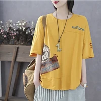 pure cotton retro literary summer new style stitching printing half sleeve t shirt womens loose round neck top