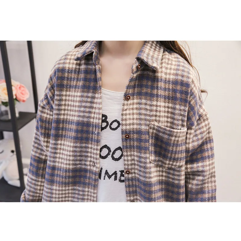 

2021 Autumn Winter Long Sleeve Plaid Coat Woolen Oversized Women Casual Loose Long Jacket Fashion Pocket Ladies Outwear