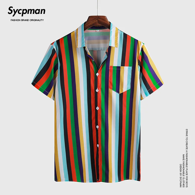 

Summer Rainbow Stripe Shirt Short Sleeve men's parent child family casual charm fashion versatile party personalized lapel