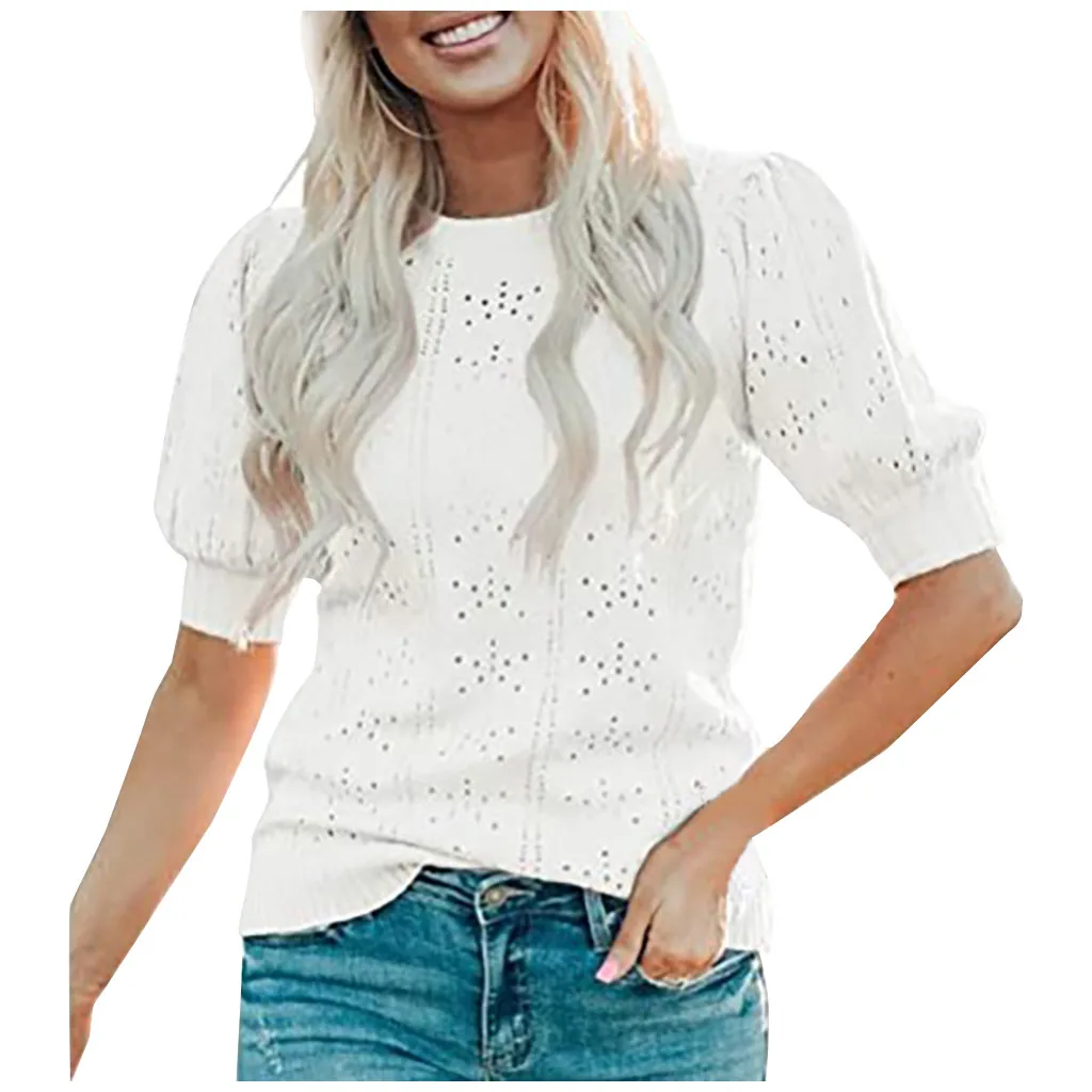 women tops Fashion Casual Women Solid Hollow out O-Neck Middle Sleeves Pullover Knitted Sweater Blouse Tops блузка женская |