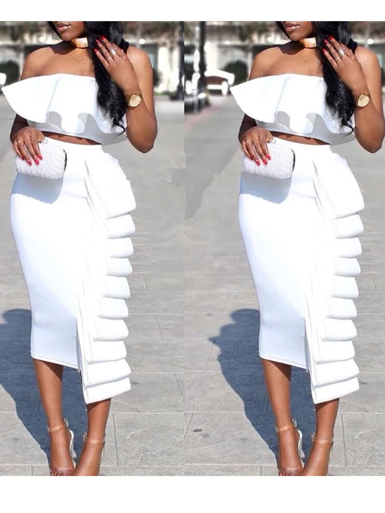 

Sexy Dinner Women 2 Piece Set Off Shoulder Ruffles Crop Tube Tops Skirts Slim Jupes 2020 Fashion Summer Backless Party Wear Suit
