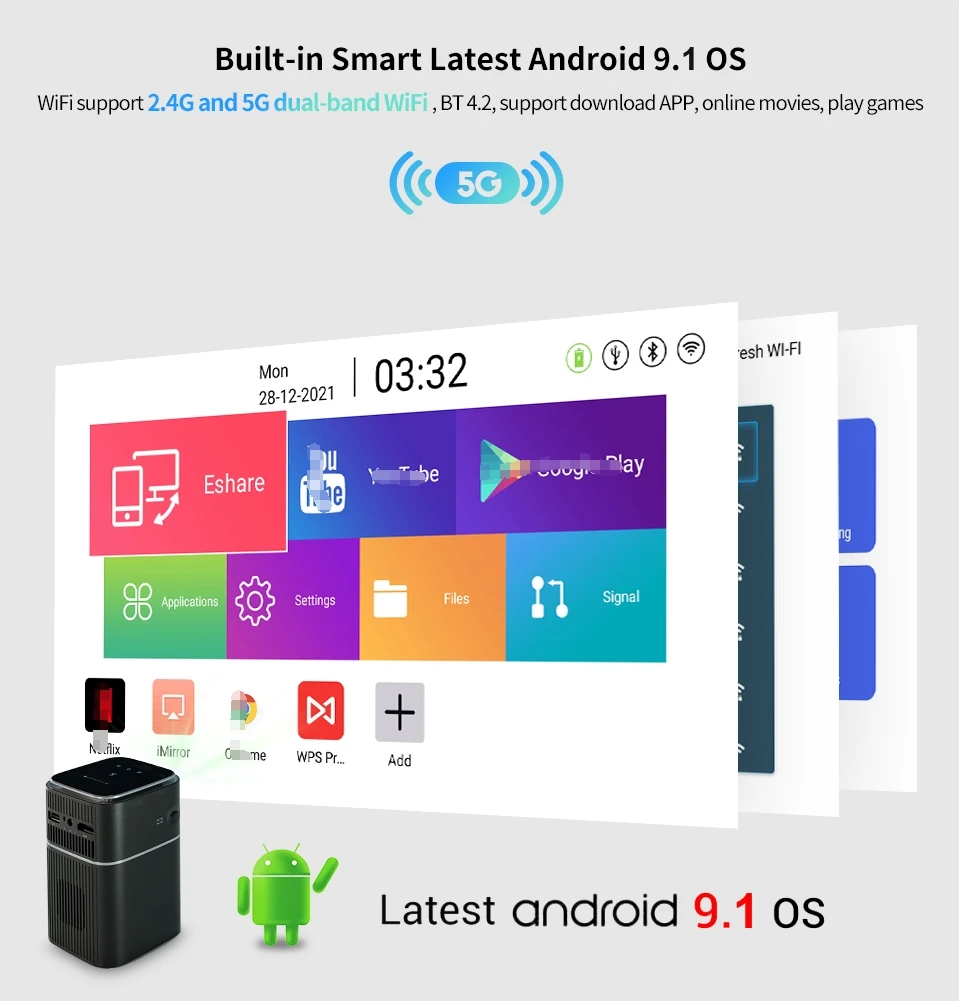 WZATCO A8 DLP проектор Смарт Android 9 1 5G Поддержка Wi Fi 1080P Full HD с разрешением 4K светодиодный