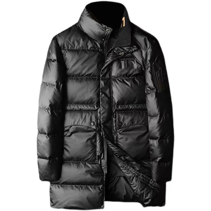 

Мужской пуховик средней длины, с воротником-стойкой, на белом утином пуху