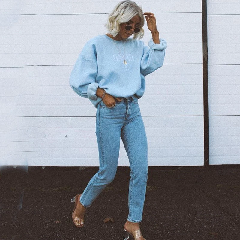 

Casual Blue O Neck Letter Print Hawaii Women Sweatshirt Long Sleeve Streetwear Loose Summer Thin Female Hoodies Fashion 2021