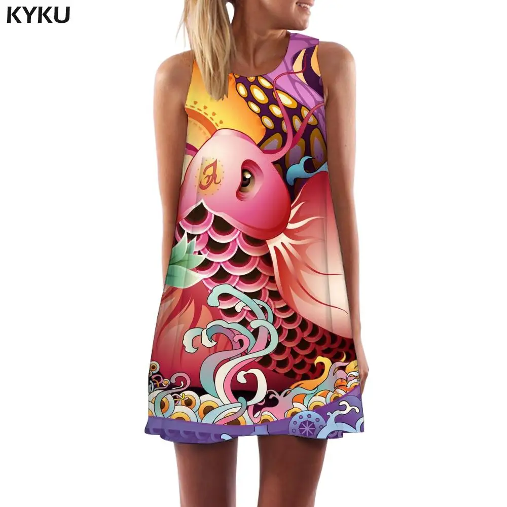 

KYKU Brand Fish Dress Women Animal Party Waves Office Ocean Korean Style Womens Clothing Elegant Gothic Wrap Fashion