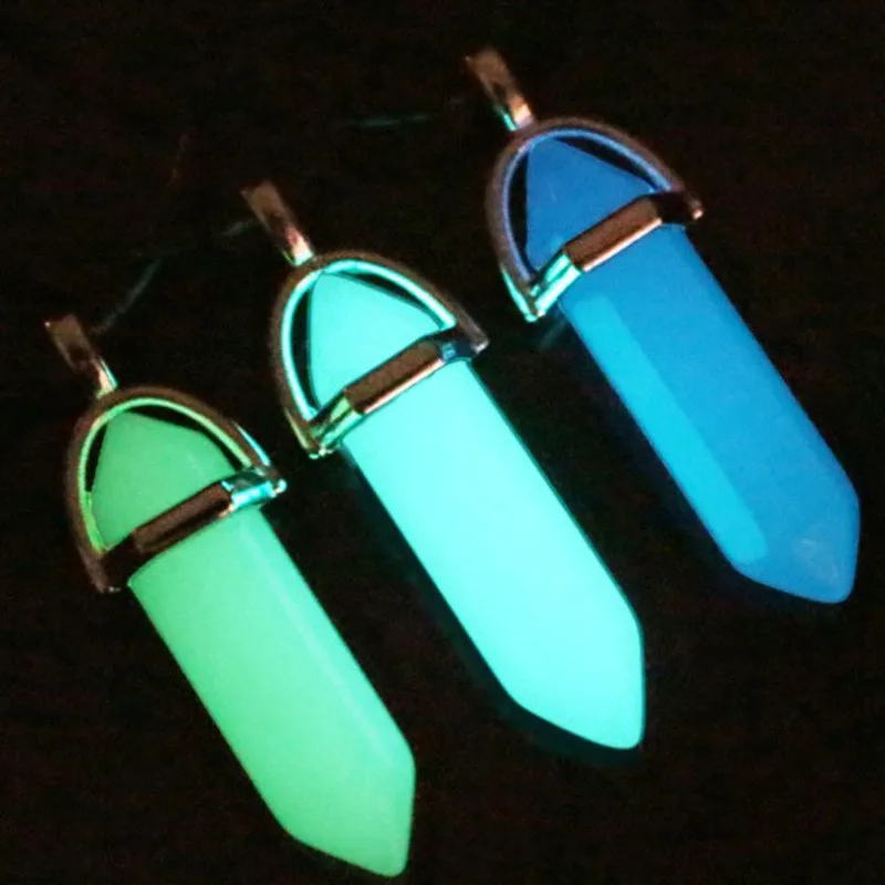 

Dark Luminous Stone Fluorescent Hexagonal Column Necklace Natural Crystal Glowing in Dark Bullet Stone Pendant Leather Necklace