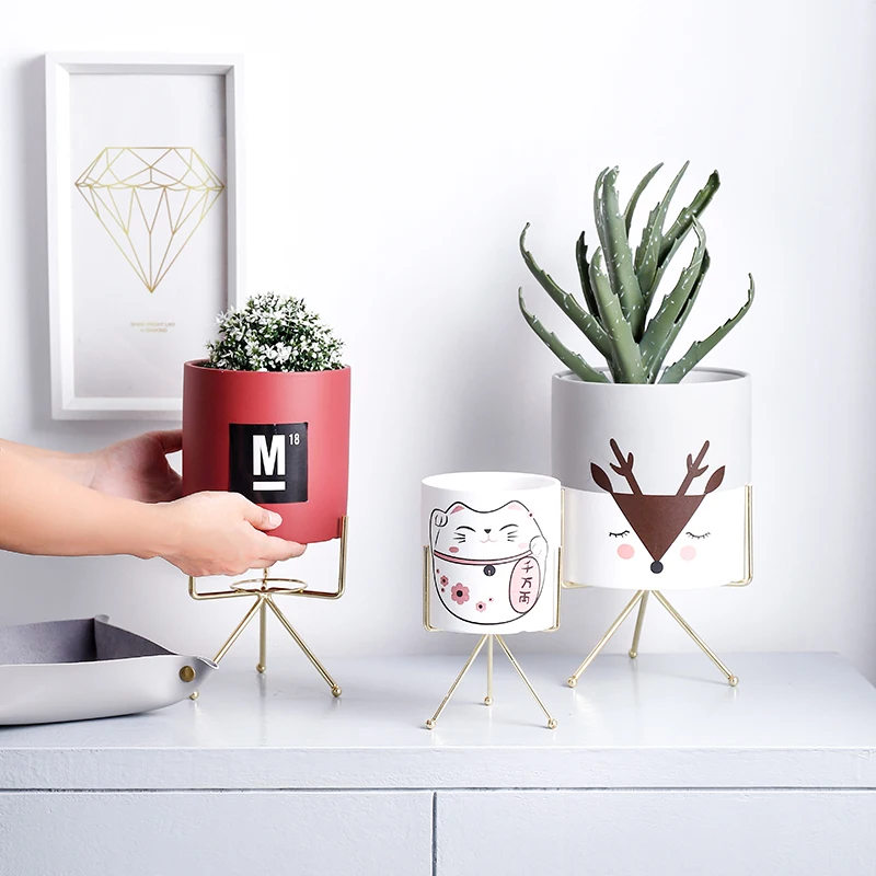 

Net red Nordic ceramic small flower pot flower stand desktop iron succulent pot pot decorative iron stand