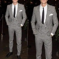 2019 new casual 3 piece houndstooth mens suits set slim fit handsome groom tuxedo for wedding prom dinner formal blazer pants