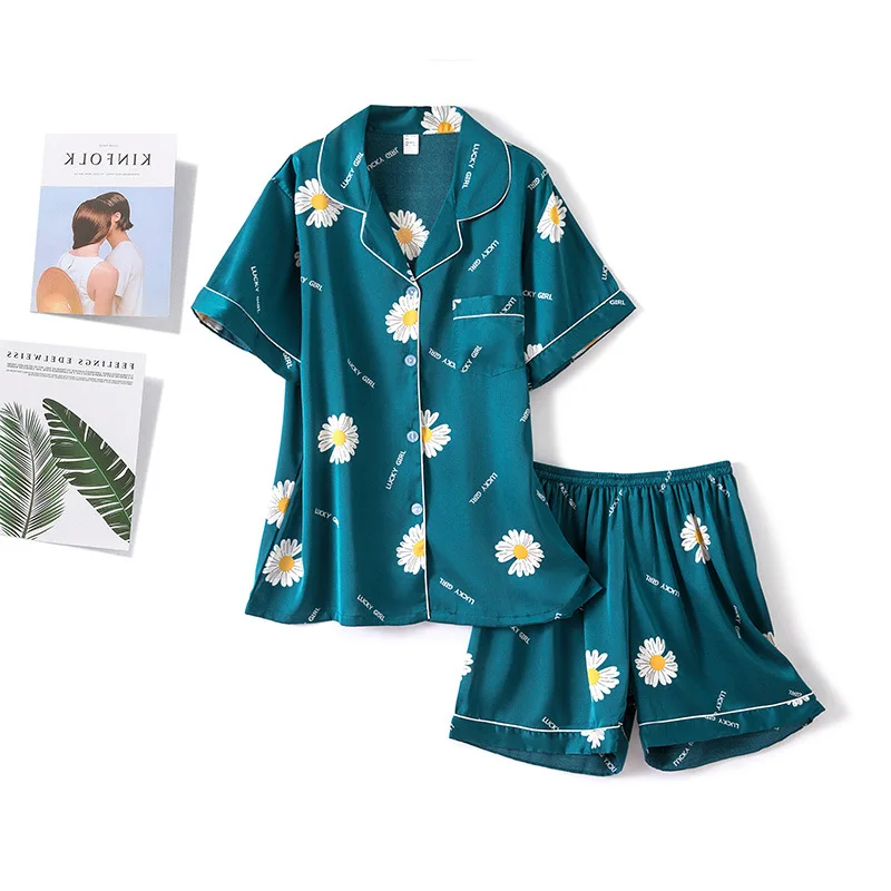 

2020 Women Home Suit Clothes Short-sleeved Pajamas Two-piece Set Female Chiffon Loose Style Casual Sleepwear Casual Shorts
