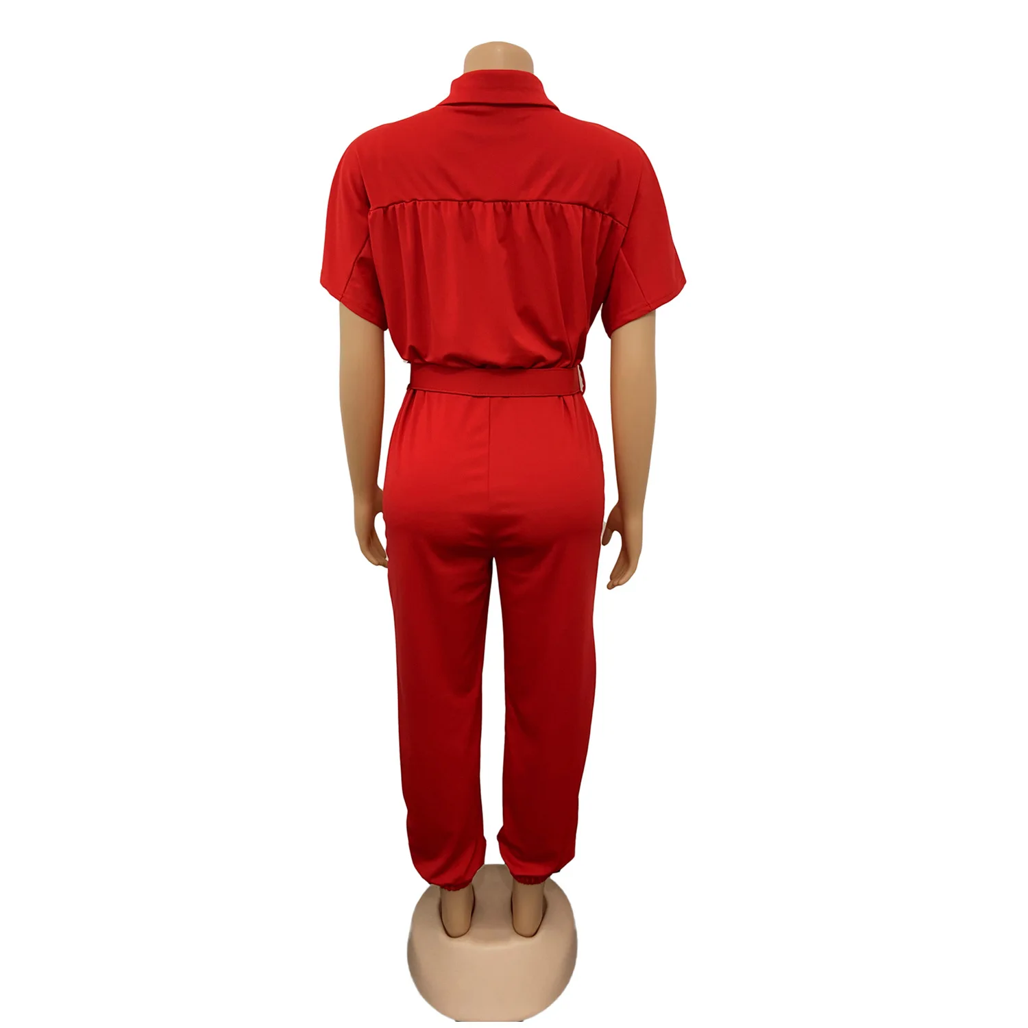 

HIJABMUSS Southeast Asia New African Women's Summer Thin Short Sleeve Button Casual Solid Color Jumpsuit With Belt