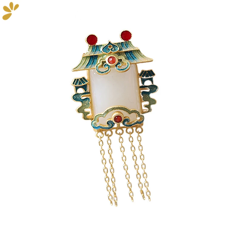 

S925 Silver Gold Plated Hetian Jade Castle Pendant For Women Cloisonne Cloud Tassel Fine Jewel Necklace Pendant Without Chain