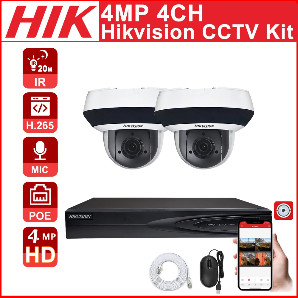 

Hikvision 4MP CCTV KIT POE Security HD Mini PTZ IP Camera DS-2DE2A404IW-DE3 video surveillance system 4CH 4K DS-7604NI-K1/4P APP