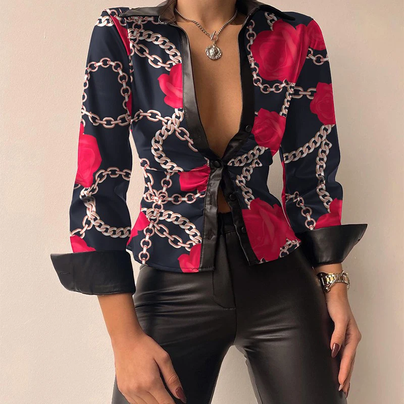 

Long Sleeve Buttons Winter Blouses Turn-down Neck Mujer Chic Blouse Print Fashion Lady Shirts Sexy Women Elegant Shirts G3293