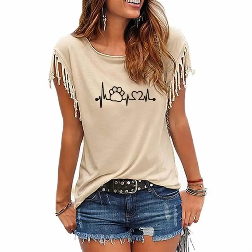 

Heartbeat Dog Paw Print T-Shirt For Women Summer Women Casual Tassel T-Shirt Harajuku Young Plus Size Women Tops T-shirt
