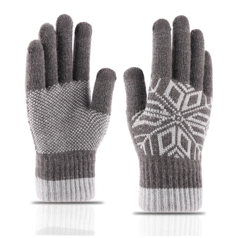 

2021 Men Women Wool Gloves Winter Thicken Keep Warm Cashmere Touch Screen Gloves Knitted Snowflake Printed Mitten Gloves Outdoor