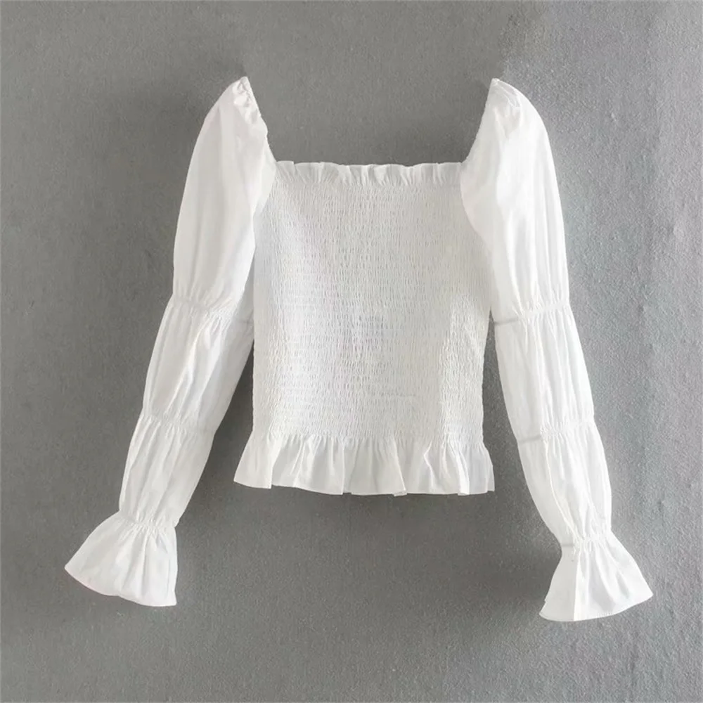 

2020 Summer Women's New Sven Casual Square Collar One Shoulder Long Sleeve Shirt Fold Fashion Lantern Sleeve Embellished Casual