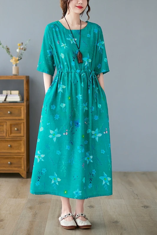 

COIGARSAM Loose Women dress New Summer High Waist Dresses Green 9111