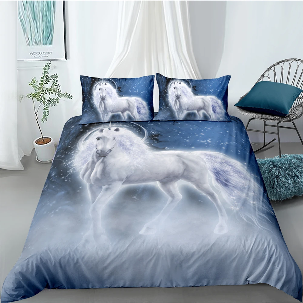 

White Unicorn Bedding Set Girls Beautiful Fantasy Magic Duvet Cover 3D Wonderland King Queen Full Twin Single Double Bed Set
