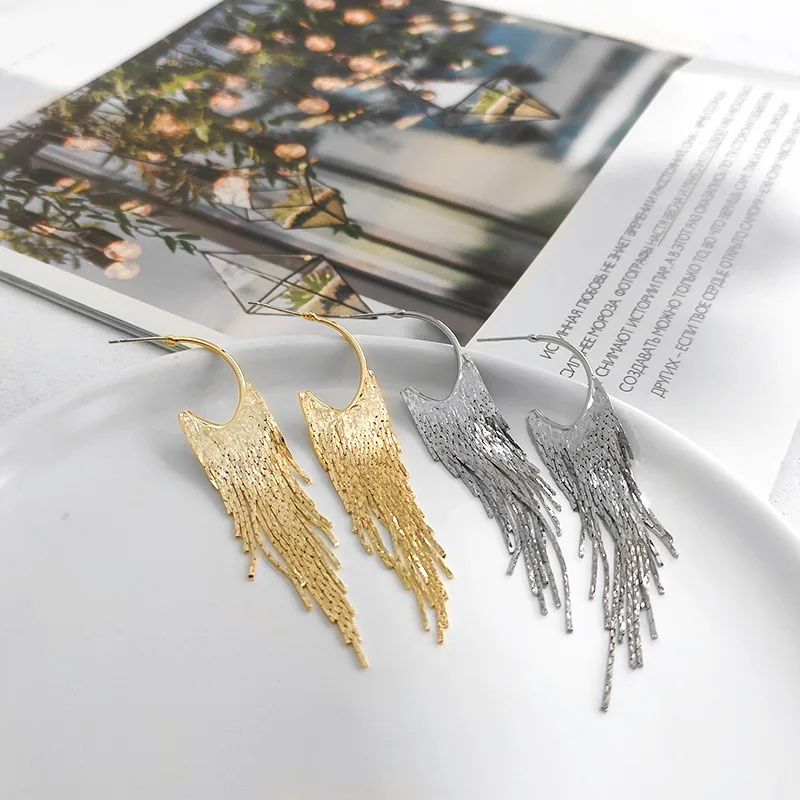 

Minar Minimalist Gold Silver Color Long Tassel Earrings for Women Brass Metallic Chains Drop Dangle Earrings Statement Jewelry