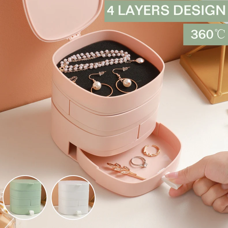 

4Layers Jewelry Storage Box Rotatable Watch Storage Tray with Lid Cosmetic Case rotating Makeup Organizer Storage Box Gifts