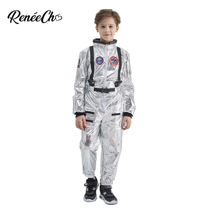 reneecho kids astronaut costume sliver boys space man cosplay jumpsuit and hat 2 piece set halloween costume for kids free global shipping