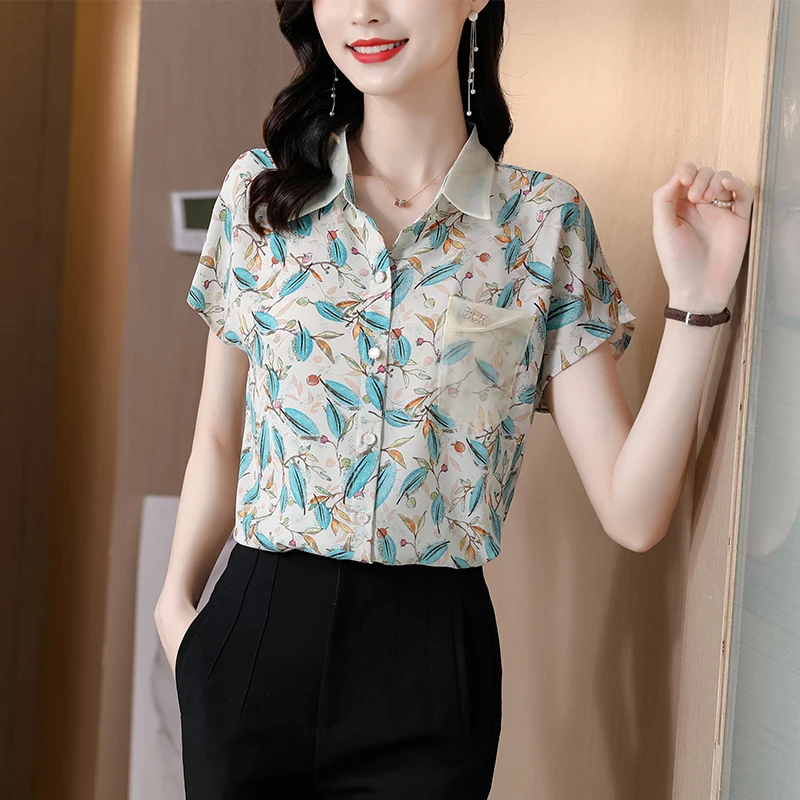 

Polo Shirt Chiffon Slim Women's Blouses New Casual Blouse Flower Print Summer Tops Fashion Short Sleeve Top Houthion