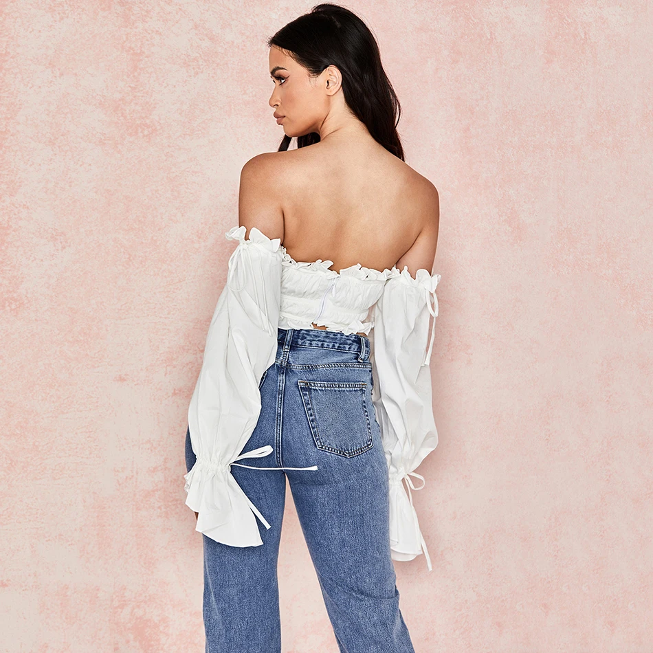 

Ailigou Sexy Summer Strapless Women'S Flared Sleeve Lace Solid Color Crop Suspender Top Ladies Party Club Casual Luxury Top
