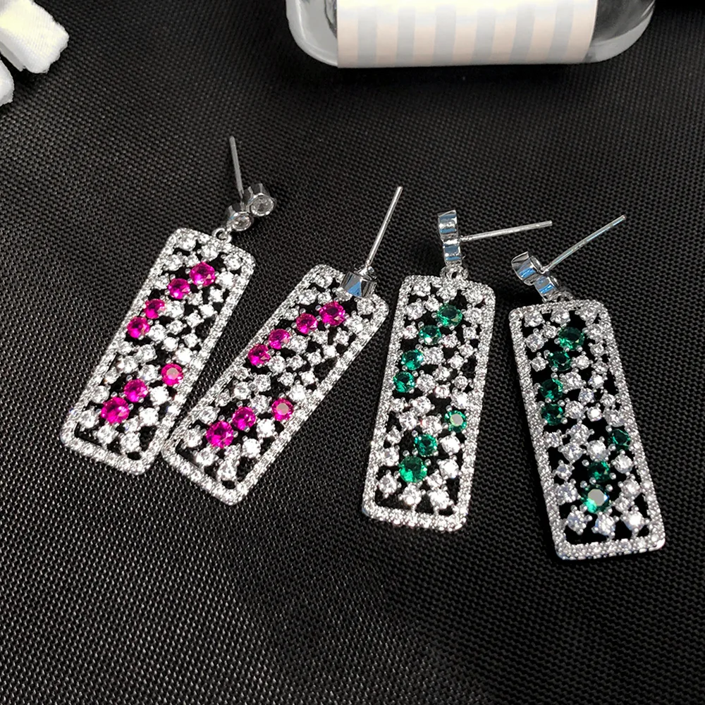 Женские длинные квадратные висячие серьги с микро стразами модные ювелирные