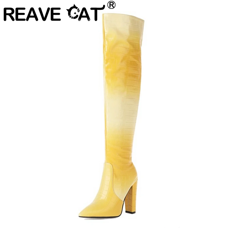 

REAVE CAT 2021 Over The Knee Boots Sexy Party Slip On Novelty Pointed Toe Alligator Texture Block Heel Blue Yellow Pink A4496