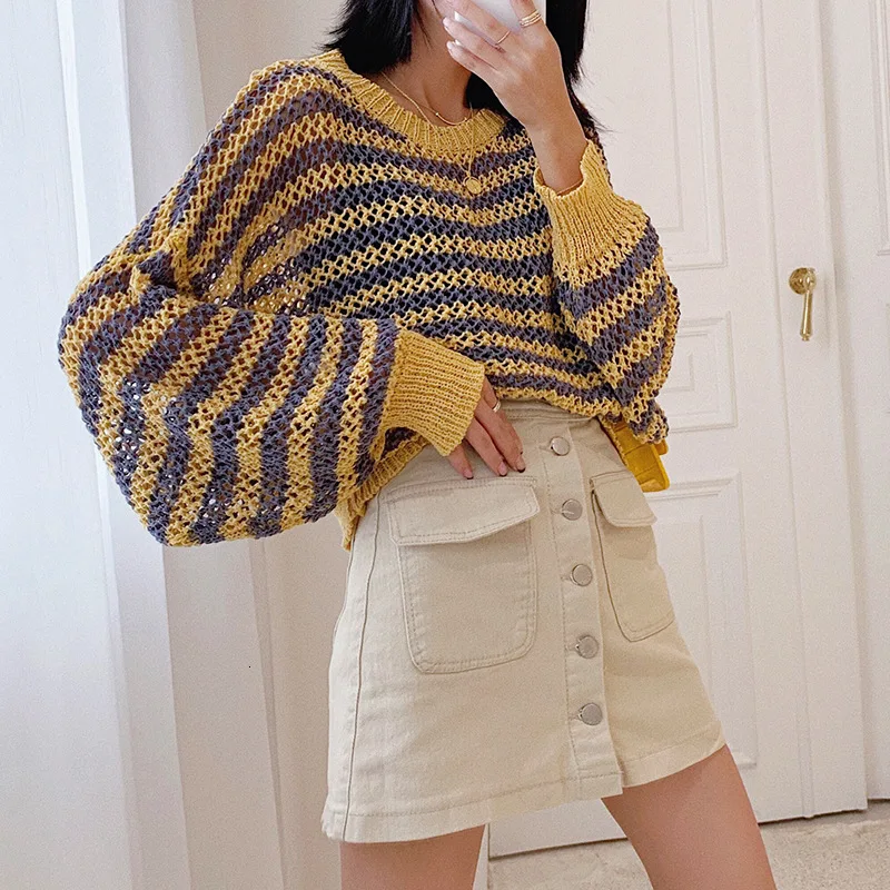 MEVGOHOT Women's Autumn Loose Stripe Sweaters Fashion Oversized Sweet O-neck Pullover Korean Sweater Female HD1098 | Женская одежда