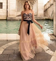 evening dress 2022 champagne sweetheart a line backless prom dress with sash bow tulle spaghetti strap custom made sleeveless