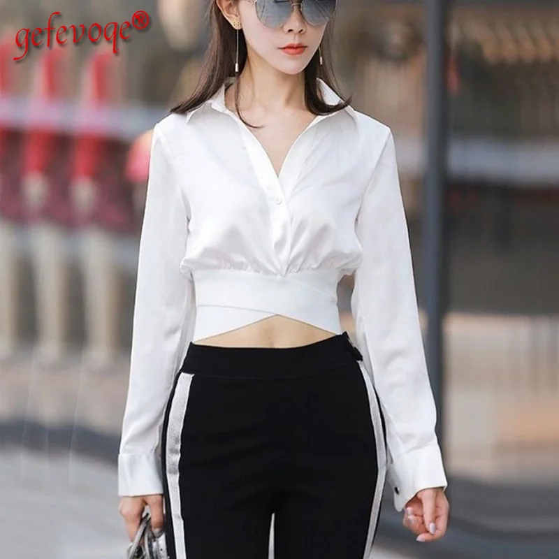 

Korean Fashion White Blouse Women Casual Sexy Cross Elastic Crop Top Long Sleeve V Neck Slim Blouses and Shirts Female Clothing