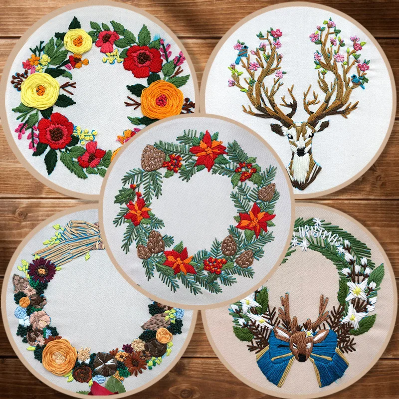 

Embroidery Kits Beginner Holding flowers Xmas Wreath Style Embroidery Shed Sewing Kit With Embroidery Hoop Hand-stitched Decor