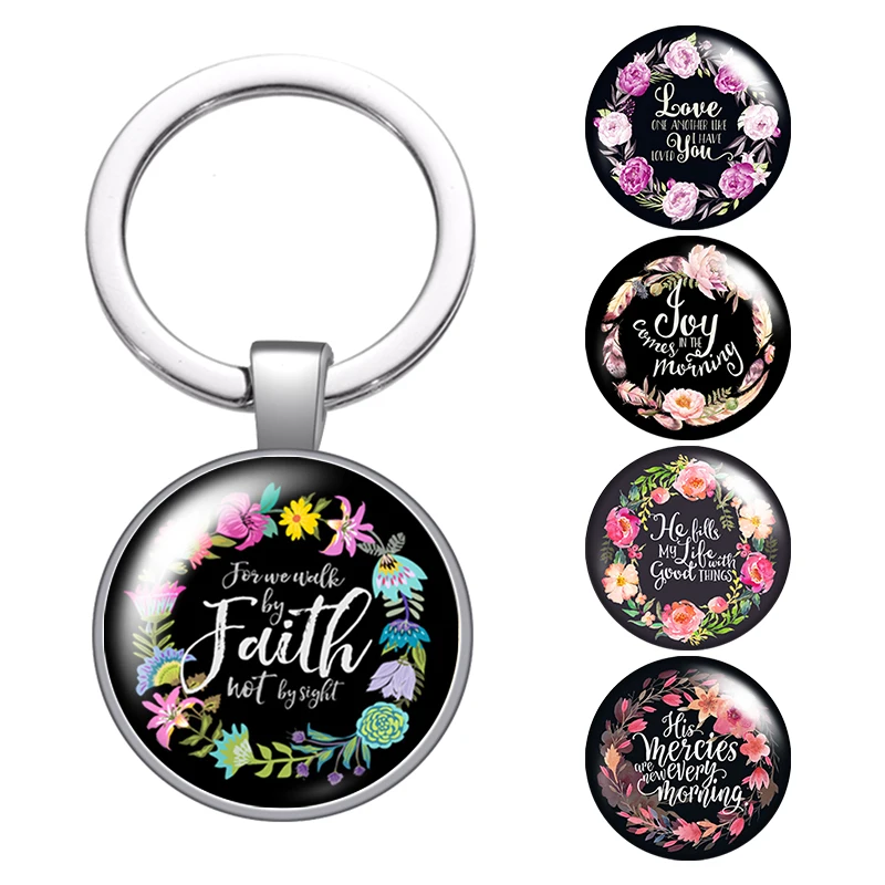 

Брелок для ключей с изображением цветов и надписей Faith, стеклянный брелок с кабошоном, брелок для автомобильных ключей, покрытые серебром по...