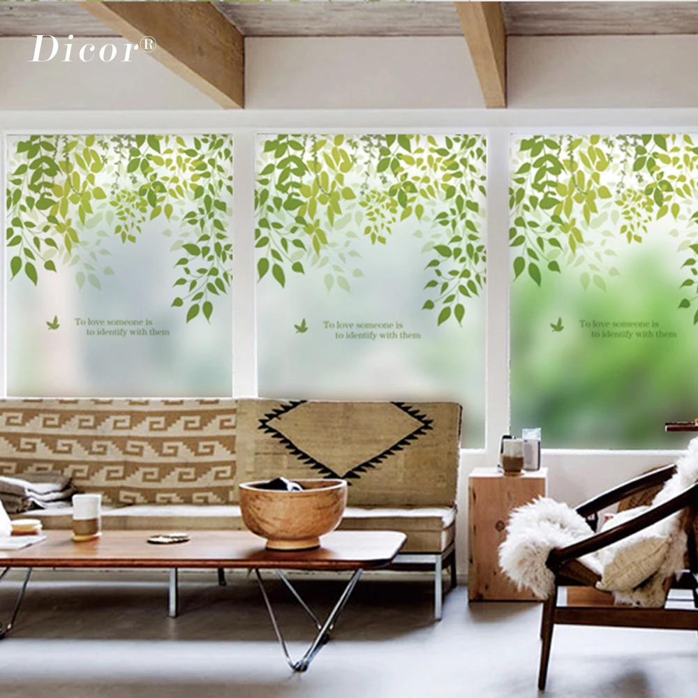 Антистатическая липкая оконная пленка DICOR с листьями матовая непрозрачная