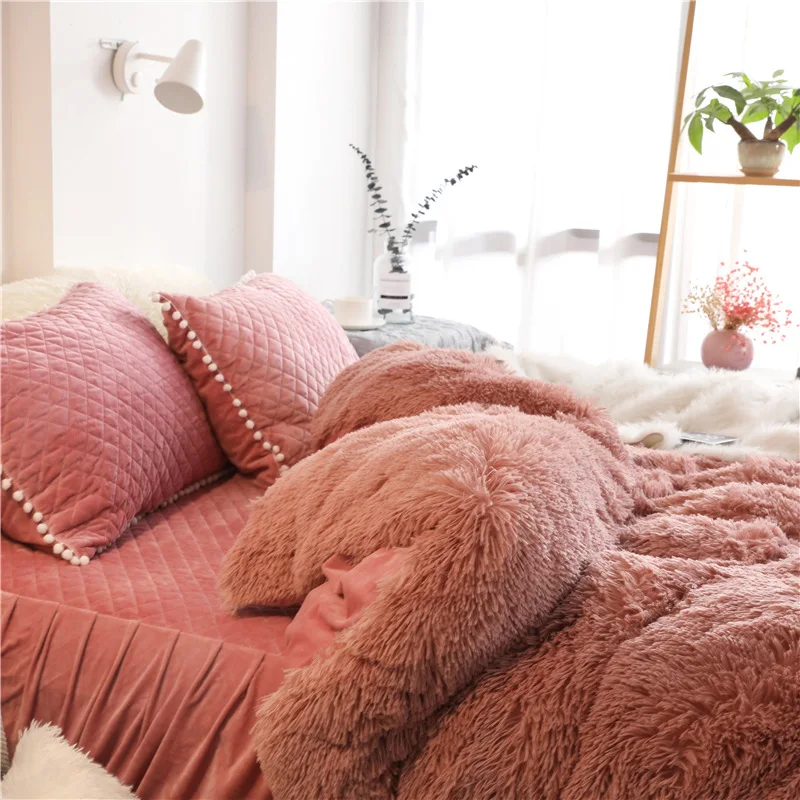 

2021 Winter Thicken Bedding Set Long Hair Mink Fleece Bed Set Bedskirt Pillowcase Duvet Cover Flannel Velvet Bedpread Bed Set