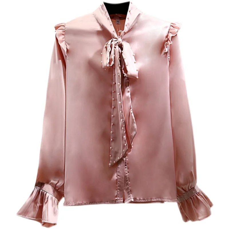 

Beaded Glossy Shirt Woman 2021 Spring Korean Style Loose Solid Color Top Temperament Office Lady Ruffled Bowknot Blouses