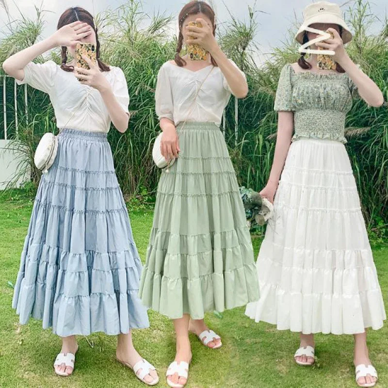 

Fashion Women Long A-line Skirt Female Autumn Winter Ruffles Mid-Calf High Waist Pleated Skirts Womens Sun School Skirt