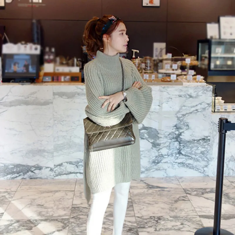

Autumn Winter Long Sleeve Turtleneck Sweater Women Solid Lantern Sleeve Side Slit Sweaters Loose Long Sweaters Pullovers